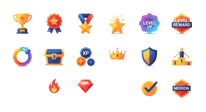 Gamification Icon Set for Game Interface Reward Achievement and Progress Tracking