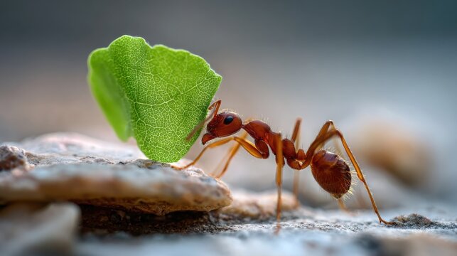 extreme macro of an ant carrying a tiny green leaf, sharp focus on ant body and leaf texture, blurred natural background, vibrant earthy colors