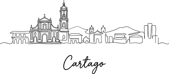 Cartago city skyline with cathedral and mountains minimalist one line art vector illustration