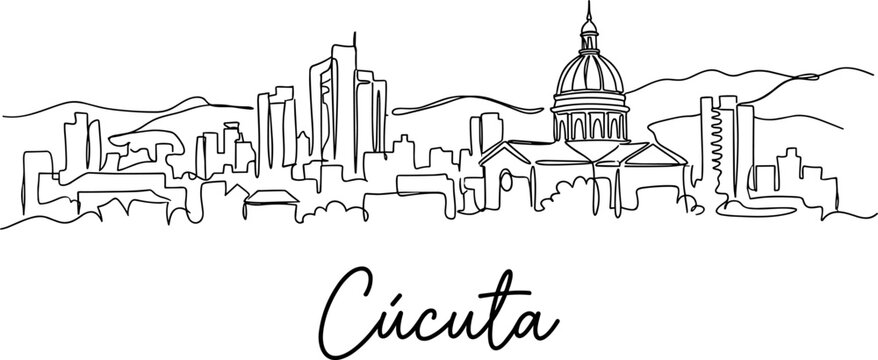C&uacute;cuta Colombia city skyline with cathedral minimalist continuous line vector illustration