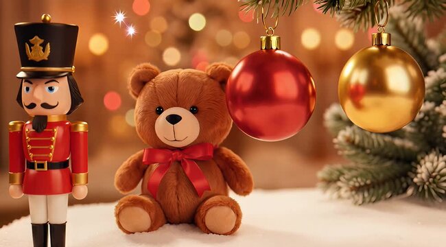 Cozy Christmas scene with teddy bear, nutcracker, and festive baubles on a softly lit tree.