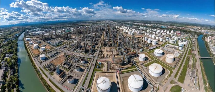 Industrial Panorama: An expansive aerial view showcases the intricate network of a sprawling industrial complex, highlighting its scale and operational breadth under a bright sky.
