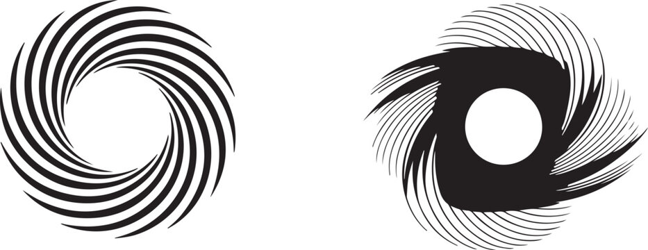 Abstract geometric design featuring a circle swirl shape with spiral lines. Radial spinning form. silhouette icon set