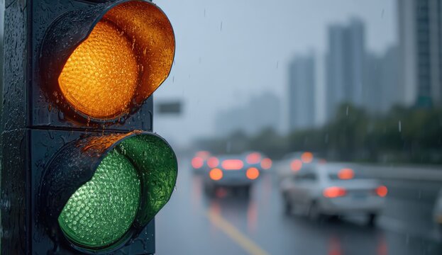 Traffic Light Showing Yellow and Green on a Rainy Day with Blurred Cars.