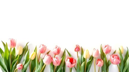 Fototapeta premium Pink Tulip Flowers Border Isolated on White Background – Spring Floral Banner with Copy Space
