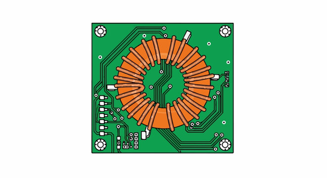 A green circuit board with a large, orange toroidal inductor at its center