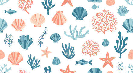 Seamless Pattern of Cute Sea Life: Shells, Corals, Starfish, and Fish © dira