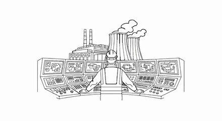 Obraz premium Operator at control panel overseeing industrial plant operations with cooling towers