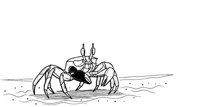 Detailed ink drawing of a crab on a sandy beach with wavy lines