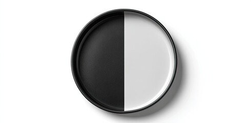 A round plate is split in half, one side black, the other white