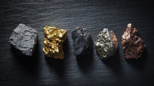 luxury top view arrangement of precious metal samples, raw gold nugget, silver ore, platinum chunk and copper mineral, displayed on dark matte