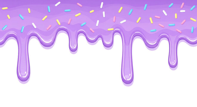 A drop of melted purple cream or ice cream with colored sprinkles on a transparent base.
