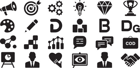 Containing marketing, product, brand value, design, logo, brand development, social media, advertising and loyal customers silhouette icon set © Hasho 