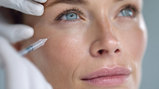A woman receiving a facial injection from a medical professional