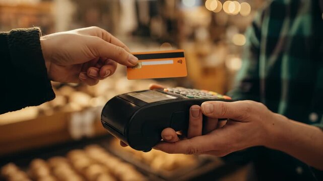 Close-up of a customer making a contactless credit card payment at a retail store terminal held by a cashier, focusing on the transaction in a warm bakery or market setting.