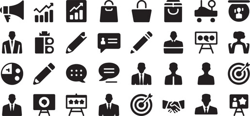 Containing marketing, product, brand value, design, logo, brand development, social media, advertising and loyal customers silhouette icon set © Hasho 