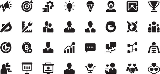 Containing marketing, product, brand value, design, logo, brand development, social media, advertising and loyal customers silhouette icon set © Hasho 