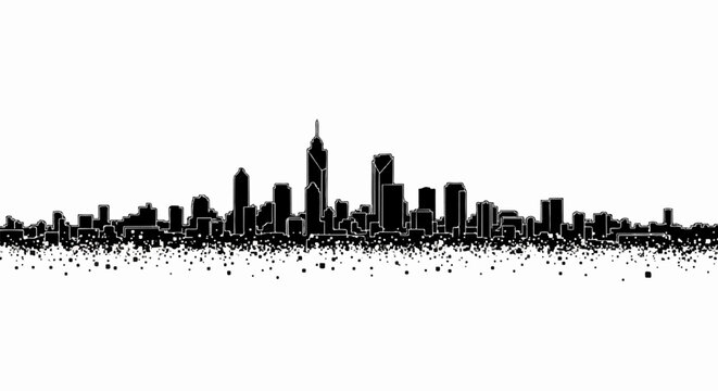 Black silhouette of a dense city skyline dissolving into scattered squares