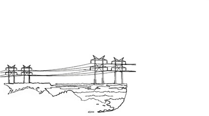 Sketch of power pylons and wires spanning across a body of water with landmass