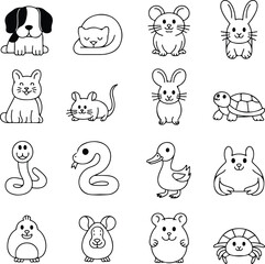Obraz premium Cute Animal Outline Icon Set, Simple Line Pet and Small Animal Icons Collection, Minimal Black Line Vector EPS