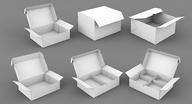 Different views of open and closed white cardboard boxes for packaging
