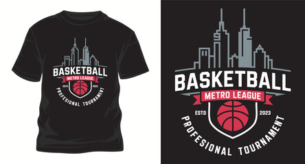 Basketball metro league professional tournament t-shirt design with city skyline and ball emblem © Ak bindu