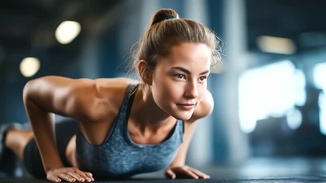 Focused young woman performing push-ups in gym wear, athletic clothing display, strength training exercise, upper body workout routine, fitness dedication moment, bodyweight