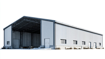 Fototapeta premium Industrial warehouse building, metal structure, isolated on white background
