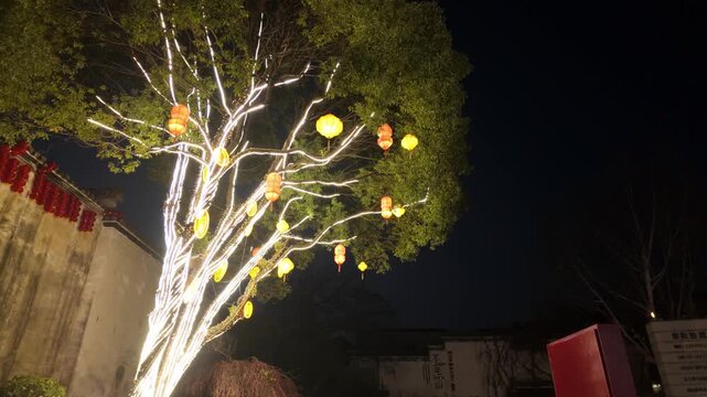 Illuminated trees adorned with lanterns at night