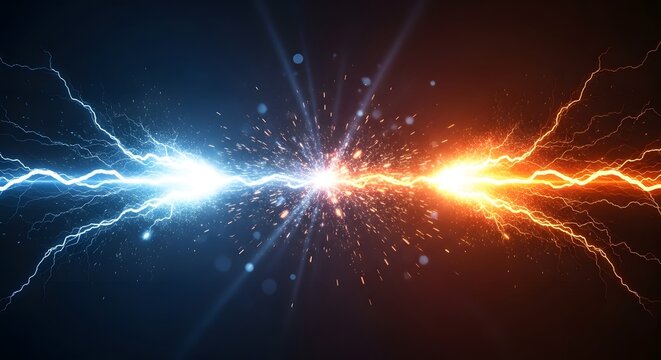 Electrical discharge and energy collision power. High voltage and industrial electricity. Blue and orange lightning bolts clashing together in a dark space with sparks.