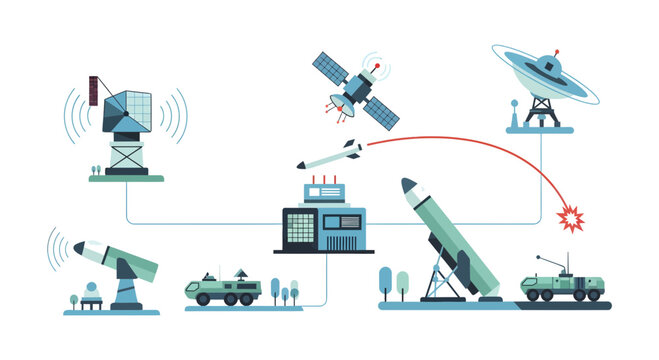 Advanced Anti-Ballistic Missile Defense System with Ground Units and Satellite Surveillance Illustration