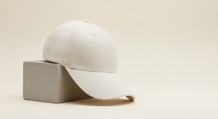 Fototapeta premium Minimalist White Baseball Cap on a Gray Cube Against a Neutral Background.