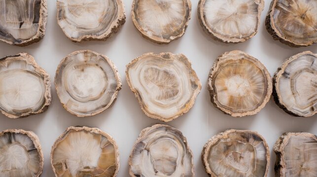macro top view of polished petrified wood slices, arranged neatly in grid, natural color patterns visible, pale neutral background, geological museum