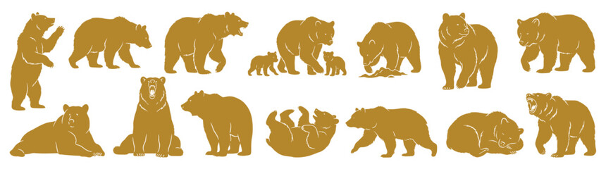 Obraz premium Golden grizzly bear silhouettes in various poses including walking standing sitting and mother with cubs for wildlife design isolated on white background vector illustration set