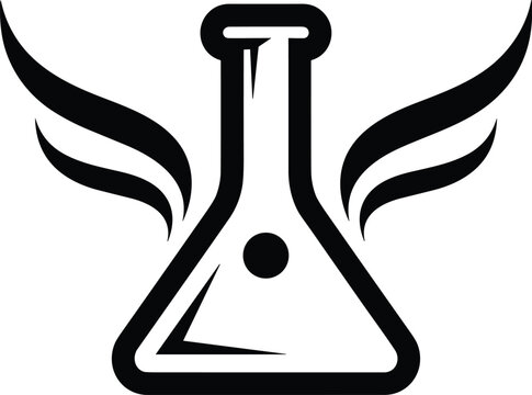 Laboratory flask with wings illustration vector science innovation creativity design graphics, flying chemistry concept, black and white creative art collection