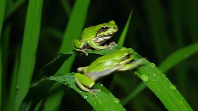 Two vibrant green tree frogs gracefully perched on dew-kissed blades of lush, verdant grass, capturing a tranquil moment in their natural wetland habitat