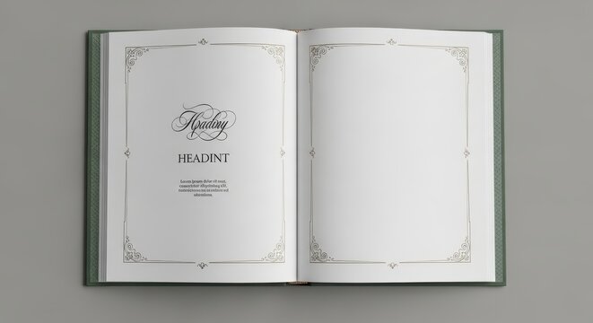 Open book with decorative frame and blank page for text.