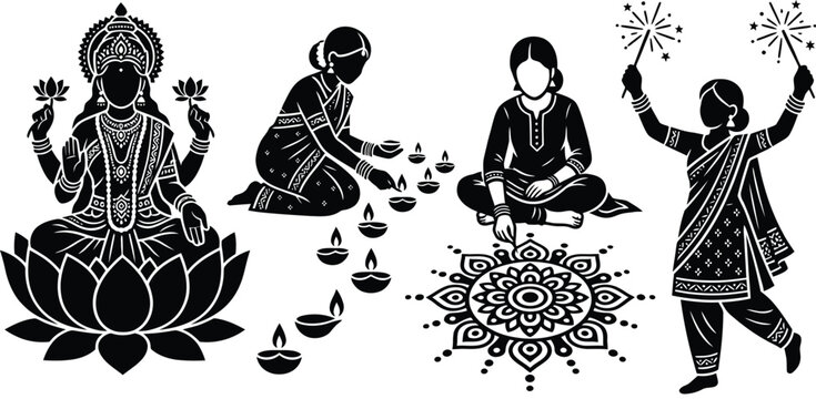 Diwali Celebration Illustration Set with Lakshmi and Traditions