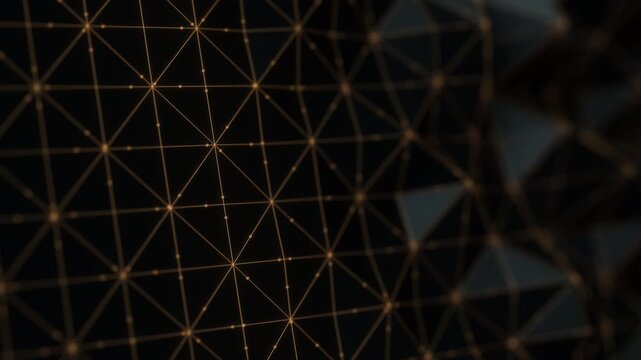 Abstract black triangular moving mesh with a golden lines and points. Nano quantum process visualization. Ai data digital information layer. Technology concept.