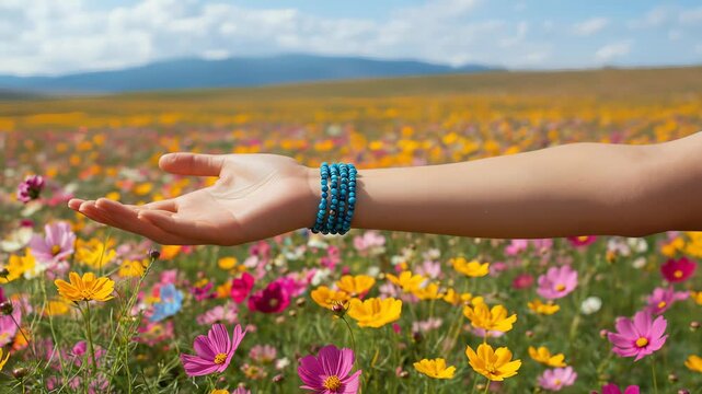 Close up of a woman's hand with a blue beaded bracelet reaching out over a beautiful field of colorful wildflowers on a sunny summer day with mountains in the background.