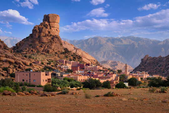 Tafraout town and Napoleon's hut rock in Atlas mountains, Morocco
