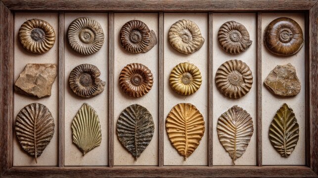 museum style display of fossil specimens in neat rows, ammonite, trilobite, petrified wood, fossilized leaf, pale neutral background, scientific