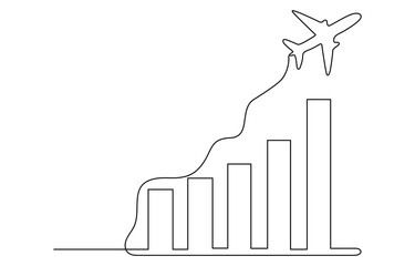Continuous line art of person climbing bar chart to success with upward. Continuous line drawing of aircraft flight routes and airport destinations. airplane line path icon of airplane flight route. © SAGAR