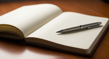 Naklejka premium Open Notebook with Pen on Wooden Desk for Writing.