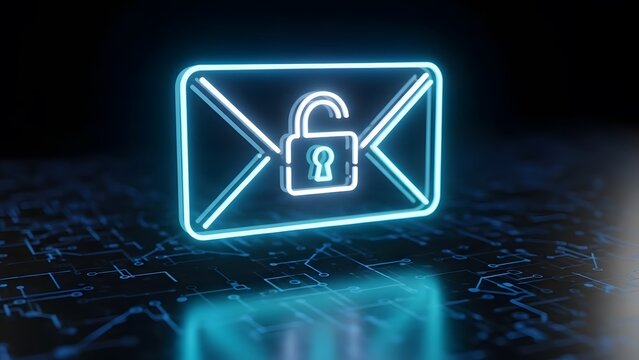 Neon email envelope with an open padlock icon. Secure communication and data privacy systems. Unlocked digital message showing access to encrypted web information and mail