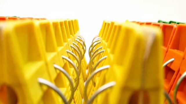 Clothes pegs sets moving, sets of multicolor plastic clothes pins or laundry clips for house on the white background, closeup shot