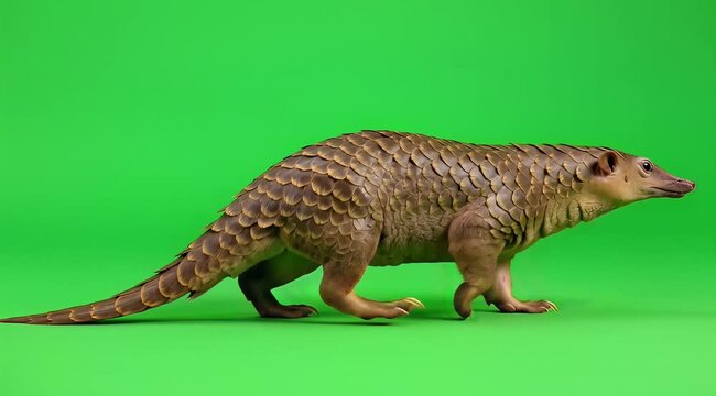 Curious Pangolin With Scales Walking On Green Background In Closeup.