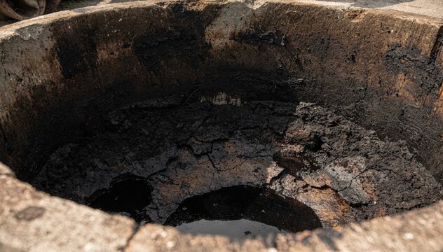 Medium shot capturing a nearly empty wood tar collection pit revealing residue and textured surface inside the basin after extensive tar removal.