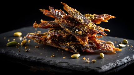 Plate of spicy cricket jerky stacked on a sleek slate surface, showcasing an adventurous snack option for bold flavors.