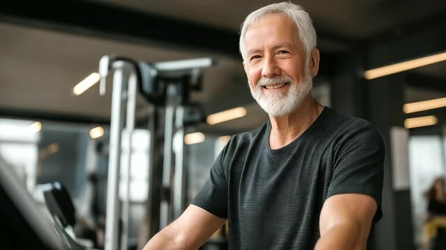 Joyful senior man showcasing exceptional fitness in gym, exemplifying active aging, elderly male athlete training, mature wellness dedication, older adult strength display,